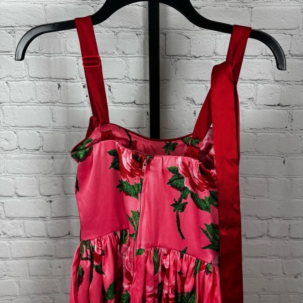 Vixen by Micheline Pitt Pink Floral Fit-and-Flare Dress with Red Straps - Picture 7 of 10